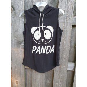 Panda Bear Hoodie Womens Size 2 Sleeveless Black Shirt Top